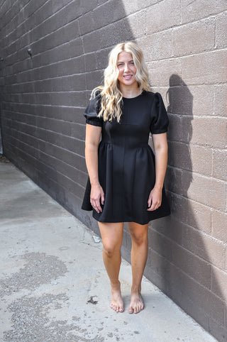 Black Puff Sleeve Gathered Mini Dress w/Pockets