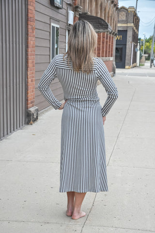 Blue/Charcoal Stripe Jacquard Twist Midi Dress