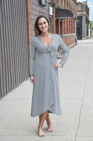 Blue/Charcoal Stripe Jacquard Twist Midi Dress