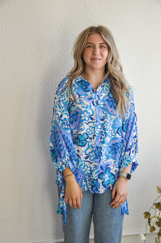 Blue Floral Shirt With Sleeve Ties