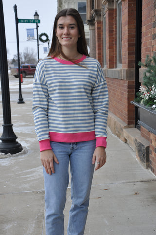 Blue/Pink Striped Crew Neck Sweatshirt