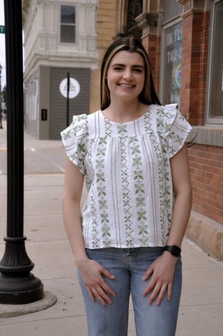 Botanical Embroidered Layered Ruffle Top