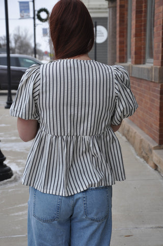 Bow Front Tie Striped Peplum Top