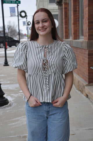 Bow Front Tie Striped Peplum Top