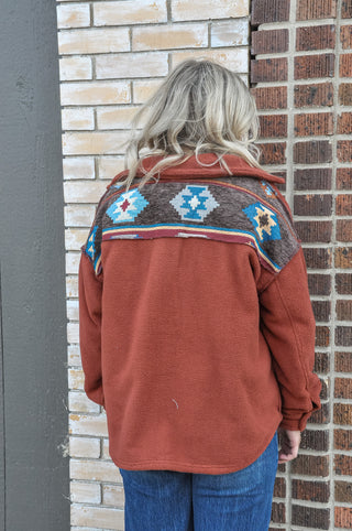 Brick Ethnic Print Fleece Shacket