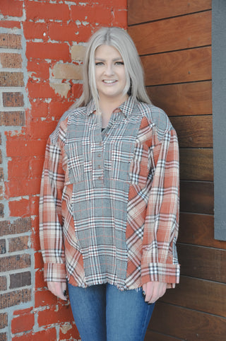 Brick Mixed Plaid Button Down Top