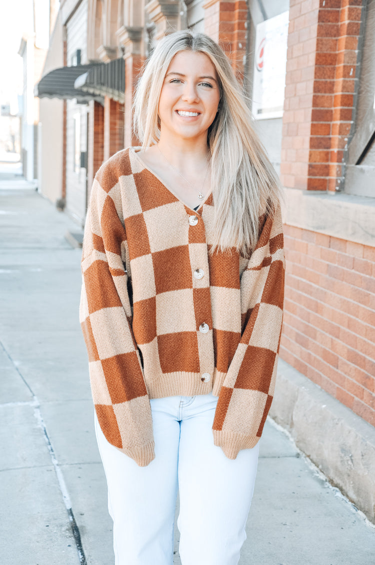 Brown Checkered Button Front Sweater