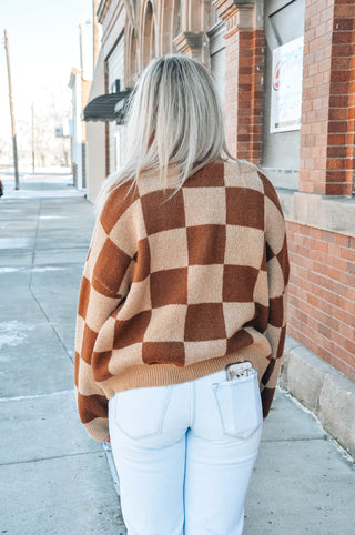 Brown Checkered Button Front Sweater