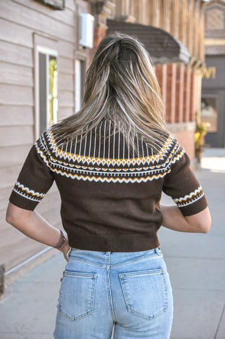 Brown Fair Isle Mock Neck Short Sleeve Knit Sweater