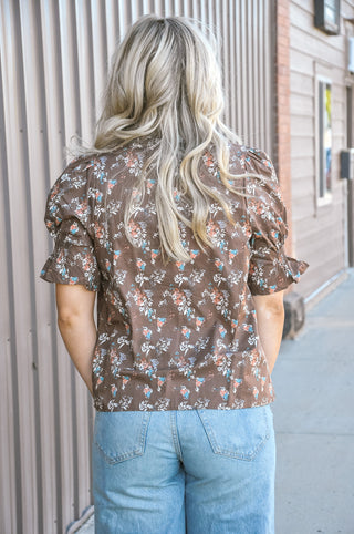 Brown Floral Ruffle Neck Puff Sleeve Top