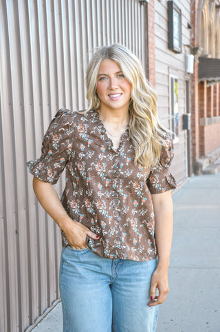 Brown Floral Ruffle Neck Puff Sleeve Top