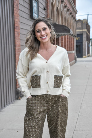Natural Patch Pocket Cropped Knit Cardigan