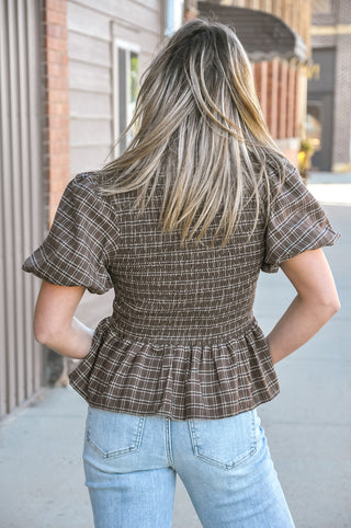 Brown Plaid Smocked Peplum Puff Sleeve Top