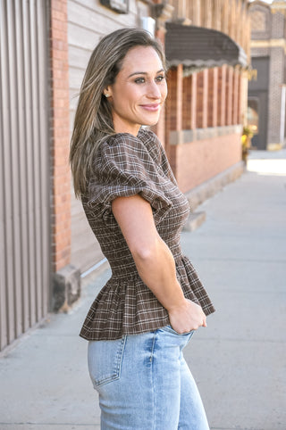 Brown Plaid Smocked Peplum Puff Sleeve Top