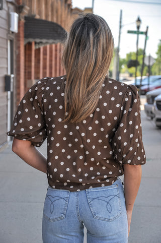Brown Polka Dot Bow Collar Button-Up Blouse