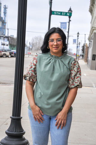 Bubble Sleeve Printed Short Sleeve Top