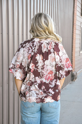 Burgundy Floral Print Puff Sleeve Split V-Neck Blouse