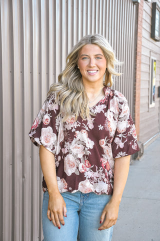 Burgundy Floral Print Puff Sleeve Split V-Neck Blouse
