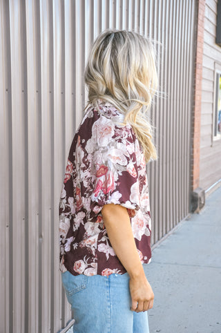 Burgundy Floral Print Puff Sleeve Split V-Neck Blouse