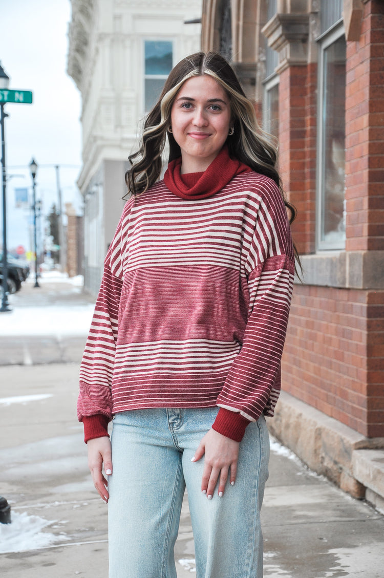 Burgundy Stripped Turtle Neck Top