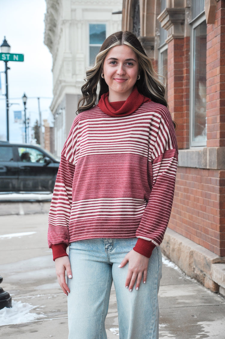 Burgundy Stripped Turtle Neck Top