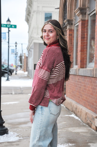 Burgundy Stripped Turtle Neck Top