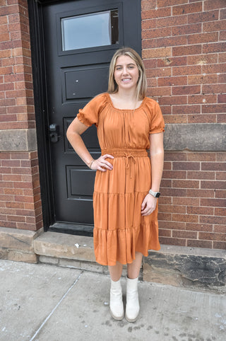 Burnt Orange Smocked Midi Dress