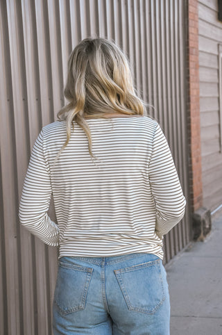 Button-Cuff Striped Jersey Top