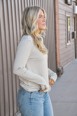Button-Cuff Striped Jersey Top