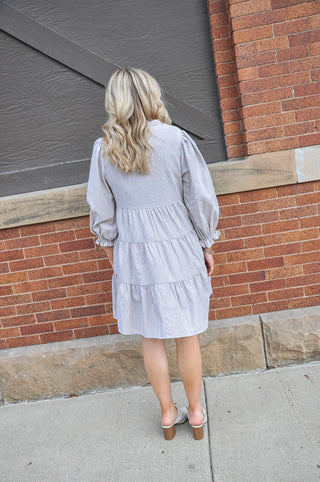 Button Down Stripe Woven Tiered Dress