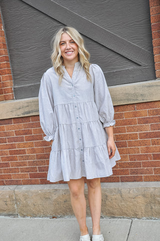 Button Down Stripe Woven Tiered Dress