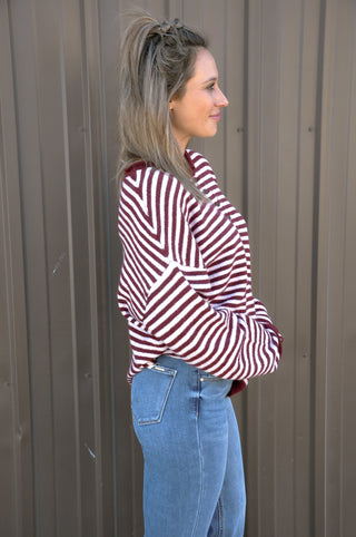 Button Henley Stripe Drop Shoulder Sweater