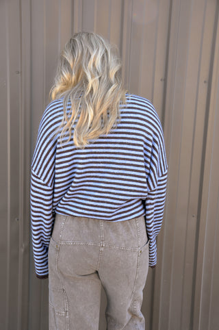 Button Henley Stripe Drop Shoulder Sweater