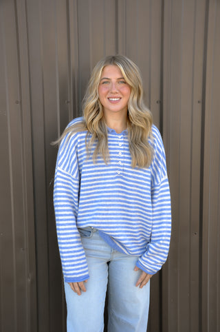 Button Henley Stripe Drop Shoulder Sweater