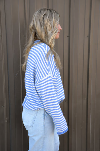 Button Henley Stripe Drop Shoulder Sweater