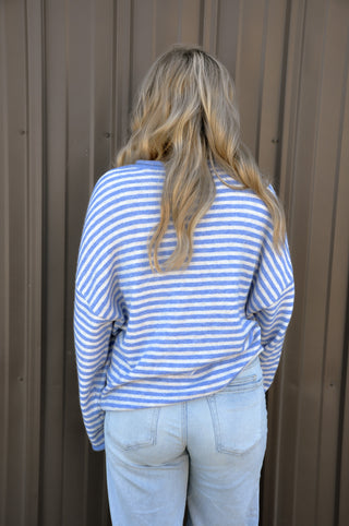 Button Henley Stripe Drop Shoulder Sweater