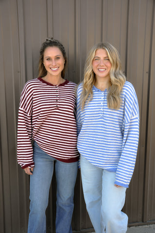Button Henley Stripe Drop Shoulder Sweater