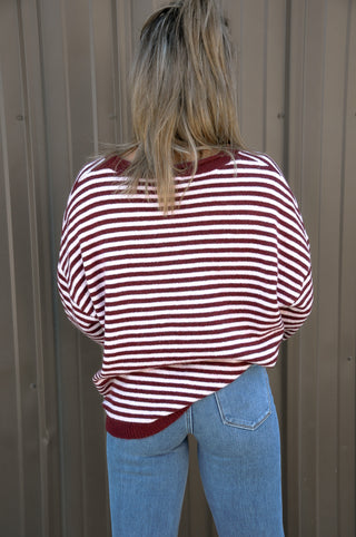 Button Henley Stripe Drop Shoulder Sweater