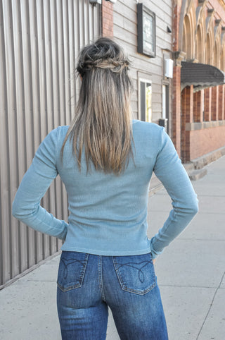 Button Front Round Neck LS Knit Top