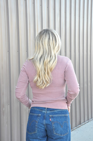 Button Front Round Neck LS Knit Top
