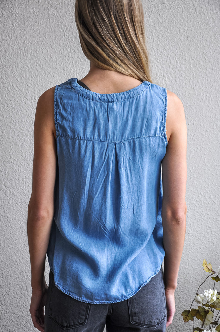 Buttoned V-neck Chambray Top