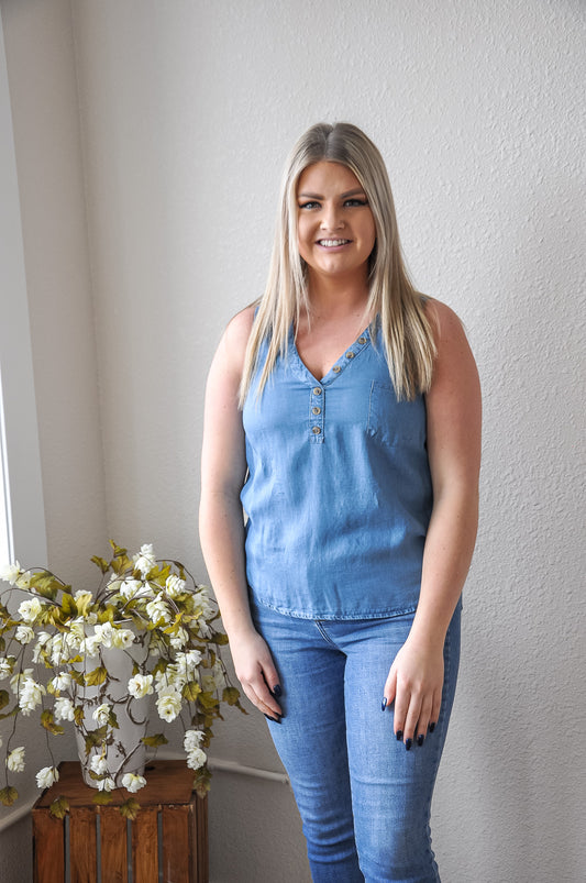 Buttoned V-neck Chambray Top