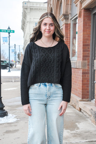 Cable Knit Cropped Black Sweater