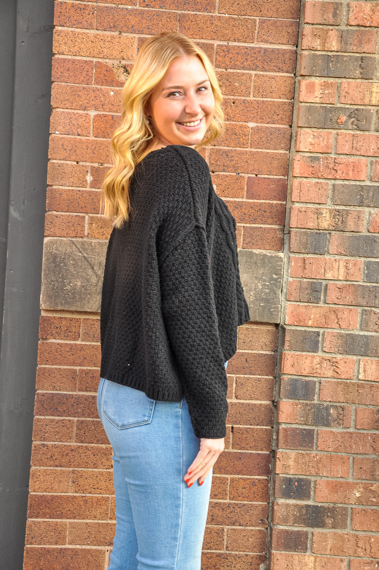 Cable Knit Cropped Black Sweater