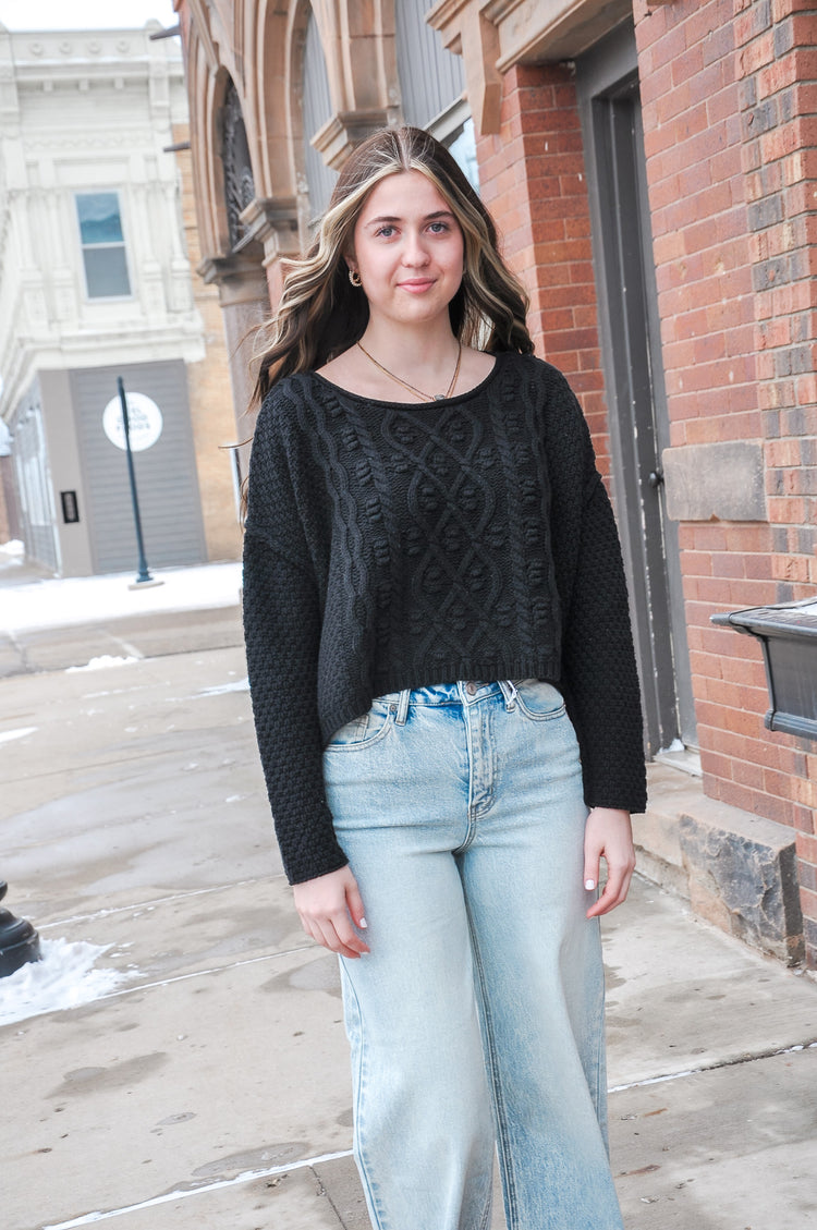 Cable Knit Cropped Black Sweater