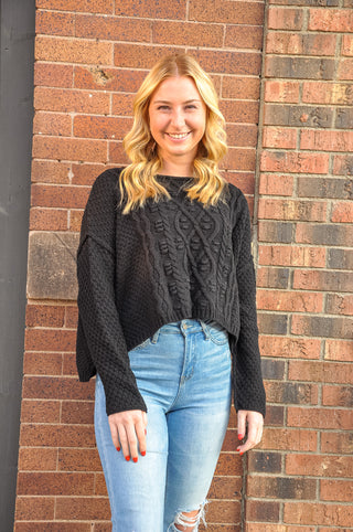 Cable Knit Cropped Black Sweater