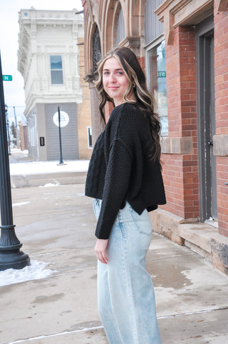 Cable Knit Cropped Black Sweater