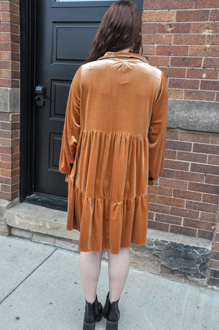 Camel Button Down Velvet Dress