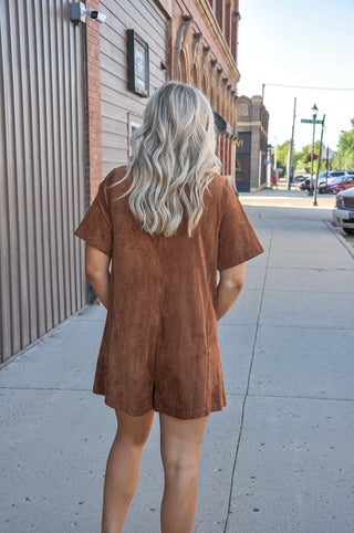 Camel Faux Suede Pocket Romper