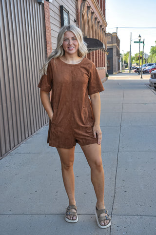 Camel Faux Suede Pocket Romper